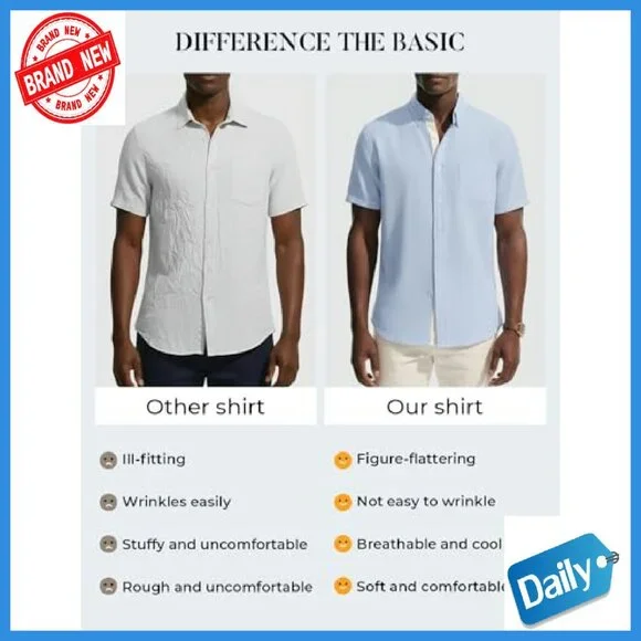 Men's Linen Blend Button Down Short Sleeve Shirt Casual Business Style - Picture 6 of 7